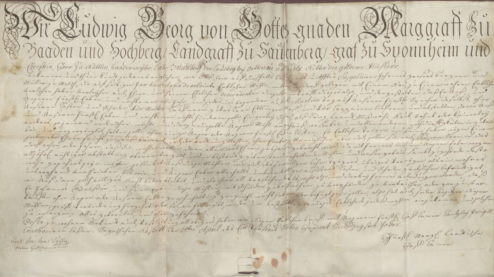 Genehmigung des Markgrafen Ludwig Georg, April 1730, zum Betrieb  durch den Müller Graeser, GLA K229 U Nr. 56, Bild 1